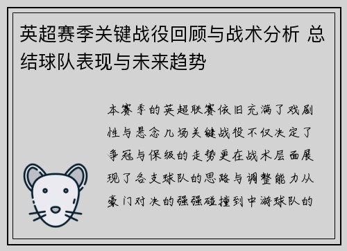 英超赛季关键战役回顾与战术分析 总结球队表现与未来趋势